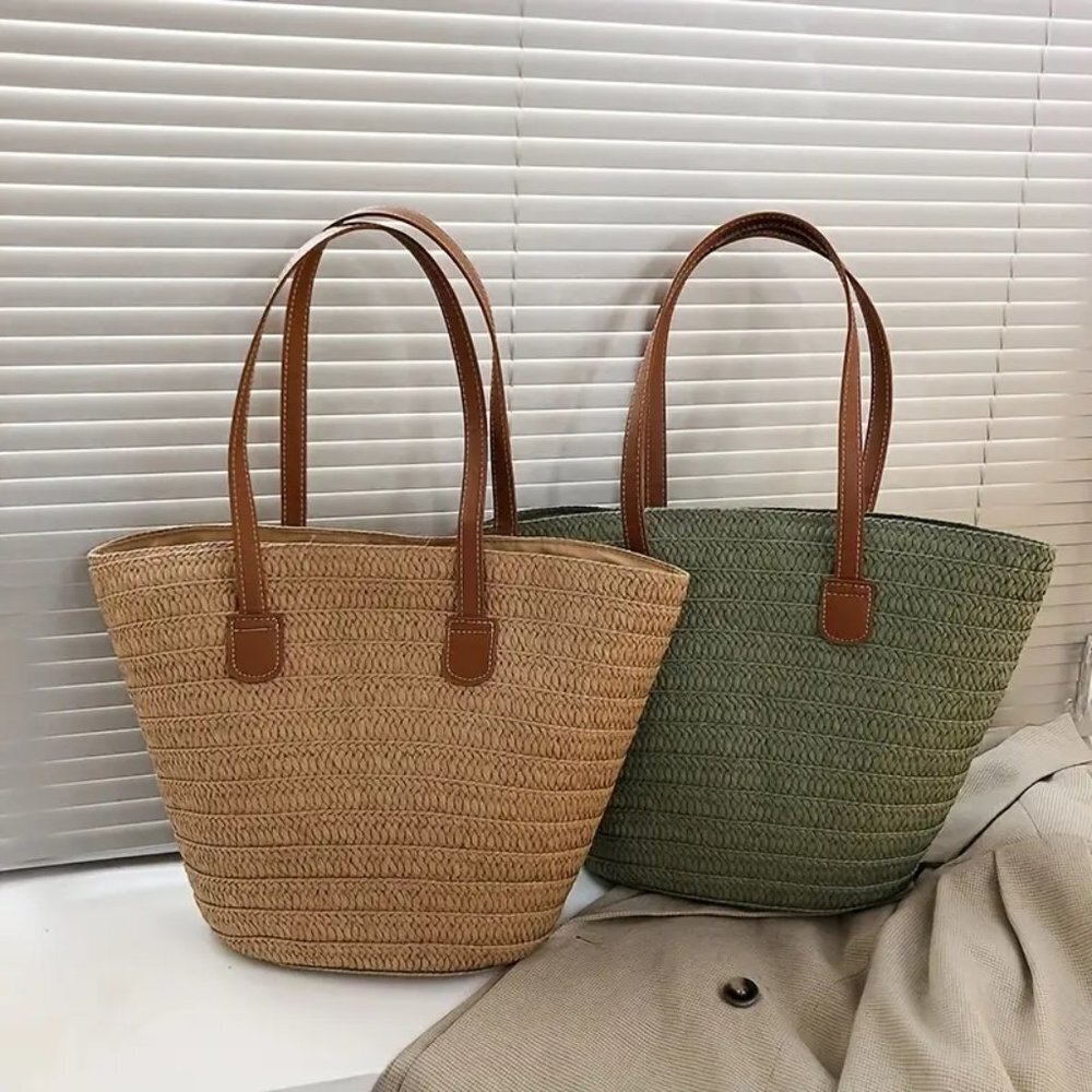 Travel Passions -Khaki Woven Straw Tote Bag - Picture 3 of 7